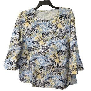 Talbots Top Womens Size XL Long Bell Sleeve Round Neck Blue Yellow Black Paisley